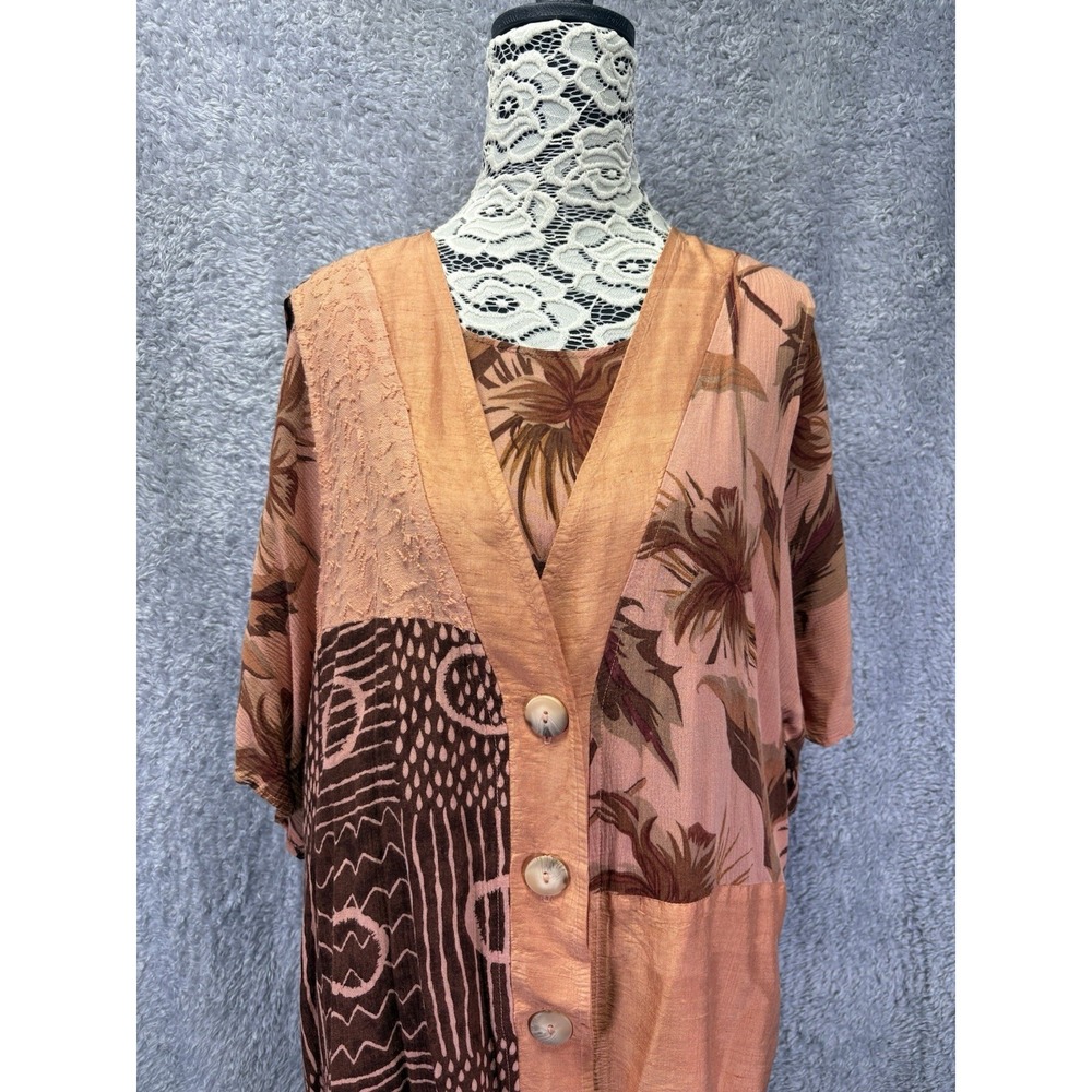 Kristine St Silk Patchwork Blouse Vest Set Brown Floral Long Boho Artisan Mixed